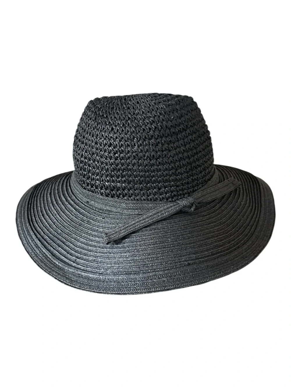 Silver Wave Black Straw Sun Hat Wide Brim Boho Resort Beach Glam NWOT